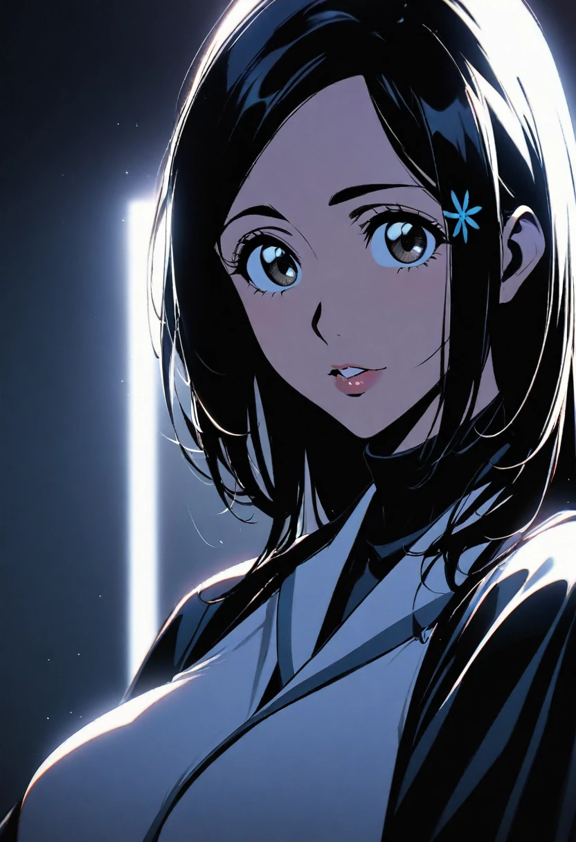 1girl, inoue orihime, bleach, hard lighting, high contrast, noir style portrait,masterpiece, best quality, absurdres,