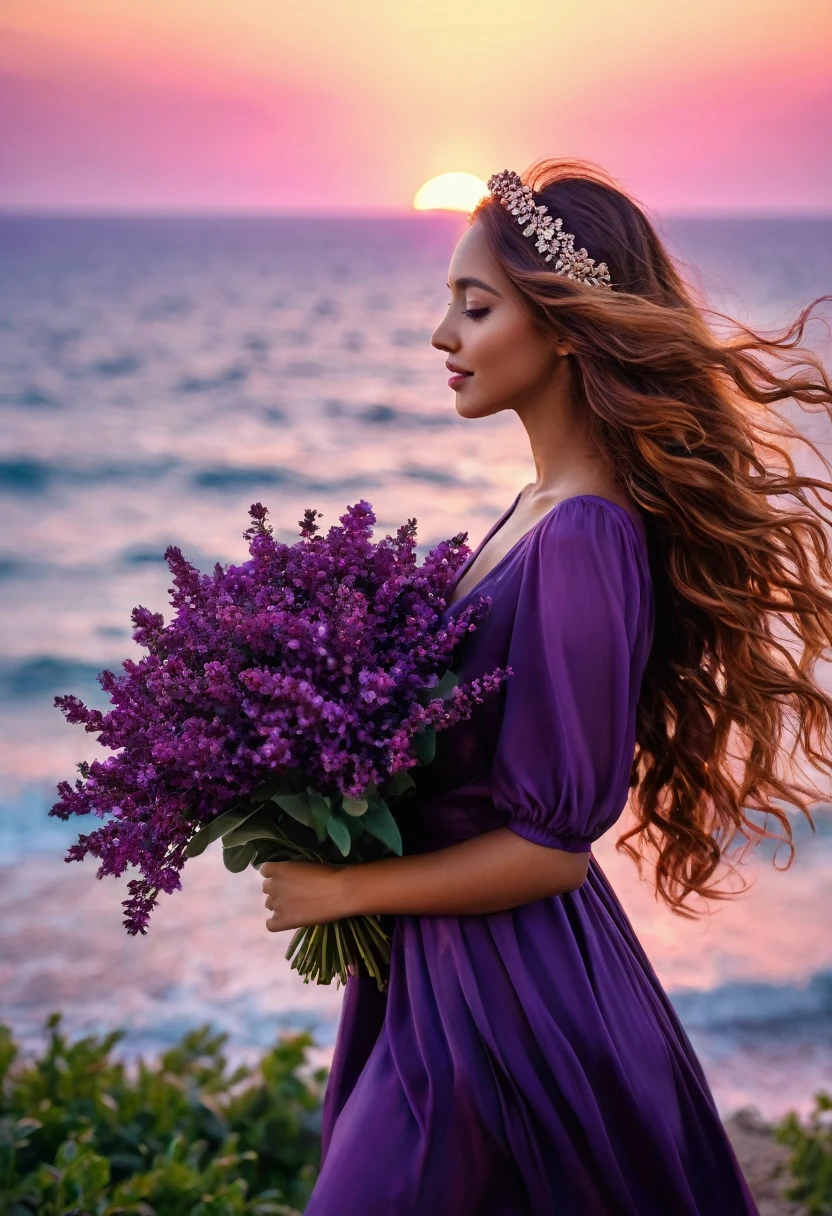 Face Purple flower front the face , Hide his face with a bouquet of purple flower, Bouquet in front of the face, a beautiful mixed girl, perfect hands and feet, long red wavy hair, hair band, backlighting, black classy dress that flies in the wind, on a white perron with purple flowers, view of the ocean, pink sunset, (best quality,8k,highres,masterpiece:1.2),ultra-detailed,(realistic,photorealistic:1.37),portrait,vivid colors,bokeh