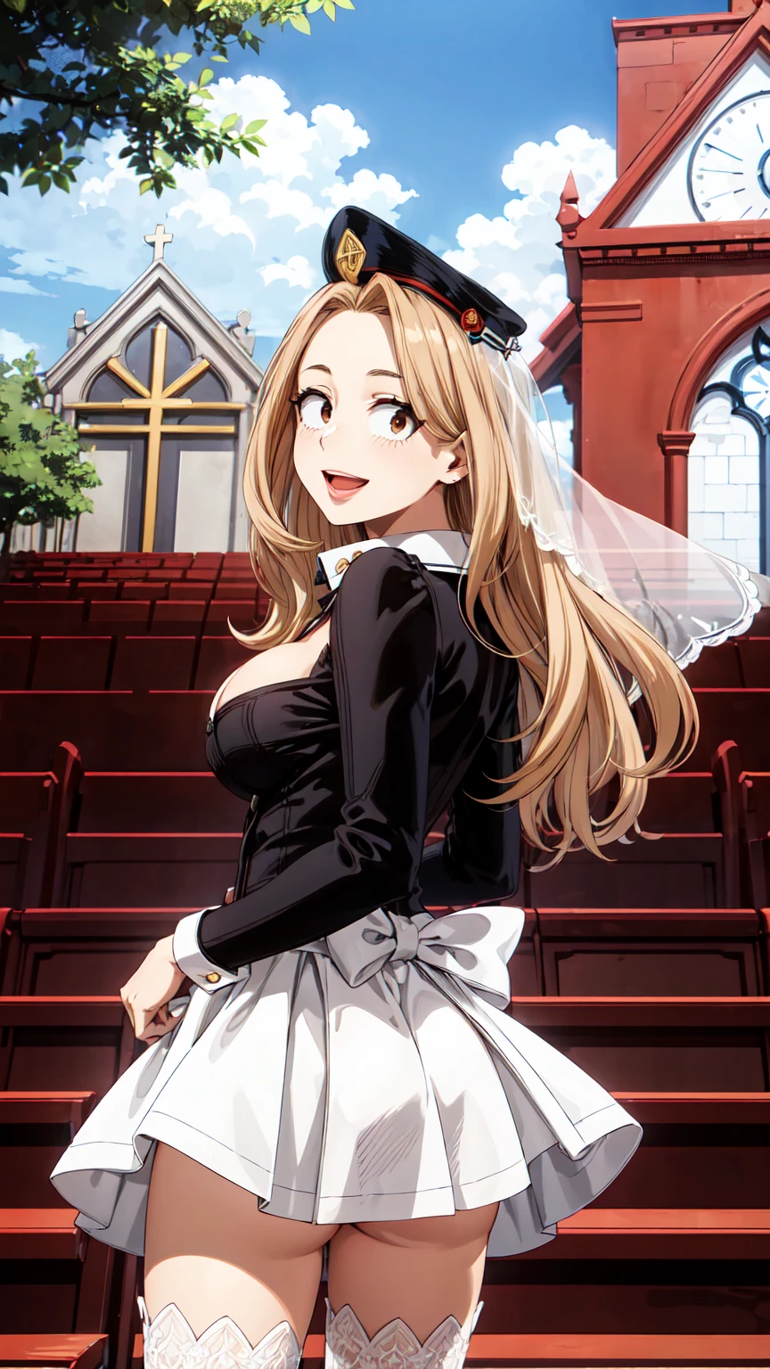 Masterpiece ,best quality , high resolution , (1 girl solo:1.38) , (camie, long hair, brown hair, brown eyes , lipstick , eyeliner) , (cleavage:1.2) , (medium breast:1.28) , (wear wedding veil , white miniskirt , stockings , bow , knot , stockings , panties , strong wind , big wing , skirt lift ) , (cleavage:1.15) , (big breast:1.1) , (face view , looking back , , head back , from behind , back view ) , (tilted head , smiling , open mouth) , (outdoor , church , tree , flower , sky)