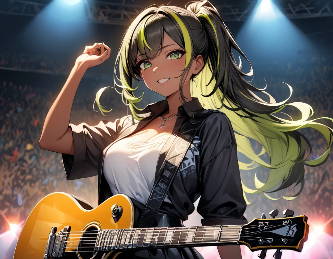 (highest quality:1.2, Very detailed, up to date, Vibrant, Ultra-high resolution, High Contrast, masterpiece:1.2, highest quality, Best aesthetics), Portraiture、girl、singer、stage、performance、Rock Music、Bright colors、Beautiful fine details、Beautiful lip detail、long hair、ponytail, white and yellow green ((streaked hair:1.6)), highlights hair: 1.5, middium breast, (tan skin:1.1), Music band、Cheerful pose、Concert Light、Edgy Style、black Skirt-style-bikini、loose fit, Dynamic Movement、hypnotic sounds、Stadium、amplifier、Loud music、Electric guiter、Gibson Les-Paul, mike stand, Powerful vocals、Passionate performance、Sparkling stage、Concert atmosphere、Music Festival、Full of emotion、Rock star attitude、Resolute expression、Avid Fan、The presence of an attractive stage、 Expressive gestures、Rock star aura、An exciting atmosphere、Sing with all your heart、An unforgettable show, (upper body)