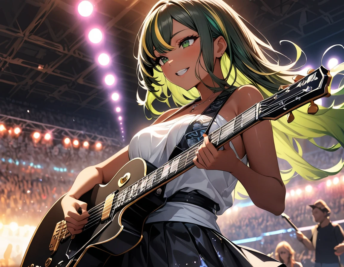 (highest quality:1.2, Very detailed, up to date, Vibrant, Ultra-high resolution, High Contrast, masterpiece:1.2, highest quality, Best aesthetics), Portraiture、girl、singer、stage、performance、Rock Music、Bright colors、Beautiful fine details、Beautiful lip detail、long hair、ponytail, white and yellow green ((streaked hair:1.6)), highlights hair: 1.5, middium breast, (tan skin:1.1), Music band、Cheerful pose、Concert Light、Edgy Style、black Skirt-style-bikini、loose fit, Dynamic Movement、hypnotic sounds、Stadium、amplifier、Loud music、Electric guiter、Gibson Les-Paul, mike stand, Powerful vocals、Passionate performance、Sparkling stage、Concert atmosphere、Music Festival、Full of emotion、Rock star attitude、Resolute expression、Avid Fan、The presence of an attractive stage、 Expressive gestures、Rock star aura、An exciting atmosphere、Sing with all your heart、An unforgettable show, (upper body)