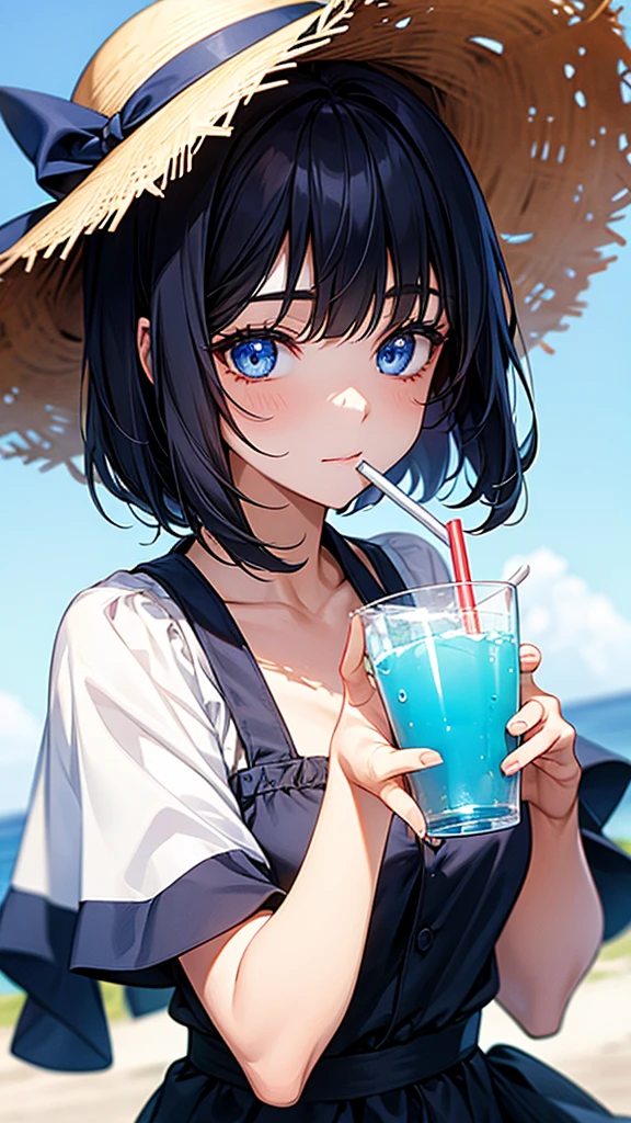 Woman drinking a drink、Black Hair、blue eyes、Short Hair、Straw hat