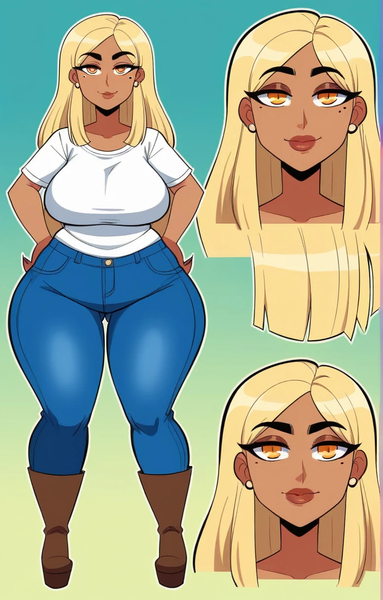 Expressiveh, egirlthot, chibiIcon, , score_9, score_8_up, score_8, (top quality,8k wallpaper),(masterpiece,best quality:1.2), ((source_anime, anime)), 1girl, , goat pupils, gyaru, ((very light blonde hair, long hair, )), old, mother, milf, , ,, tan skin, makeup, tan skin, saggy breasts, saggy, amused eyes, amused smile, , , wide eyes, jealous, jealousy, very jealous, yandere, , , , , obsessive, , black mascara, black eyeliner, yellow eyes, , , , , big sister, , large eyes, beauty mark, , giggling, laughing, leaning , , athletic , long fingernails,s1z3d1ff_t4lk, taller girl, standing, legs straight,  , [[from below]:0.5], , eye contact, chibi, icon, cartoon, big head, wide hips, wide torso, plump, big eyes, character sheet, platform boots, denim jeans, white top, multiple views of the same character,model sheet,chatacter sheet, mature female, motherly,  front view and side view,