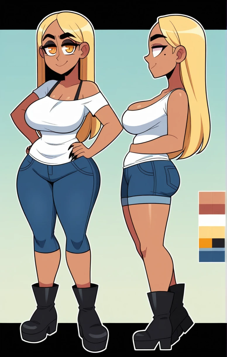 Expressiveh, egirlthot, chibiIcon, , score_9, score_8_up, score_8, (top quality,8k wallpaper),(masterpiece,best quality:1.2), ((source_anime, anime)), 1girl, , goat pupils, gyaru, ((very light blonde hair, long hair, )), old, mother, milf, , ,, tan skin, makeup, tan skin, saggy breasts, saggy, amused eyes, amused smile, , , wide eyes, jealous, jealousy, very jealous, yandere, , , , , obsessive, , black mascara, black eyeliner, yellow eyes, , , , , big sister, , large eyes, beauty mark, , giggling, laughing, leaning , , athletic , long fingernails,s1z3d1ff_t4lk, taller girl, standing, legs straight,  , [[from below]:0.5], , eye contact, chibi, icon, cartoon, big head, wide hips, wide torso, plump, big eyes, character sheet, platform boots, denim jeans, white top, multiple views of the same character,model sheet,chatacter sheet, mature female, motherly,  front view and side view,