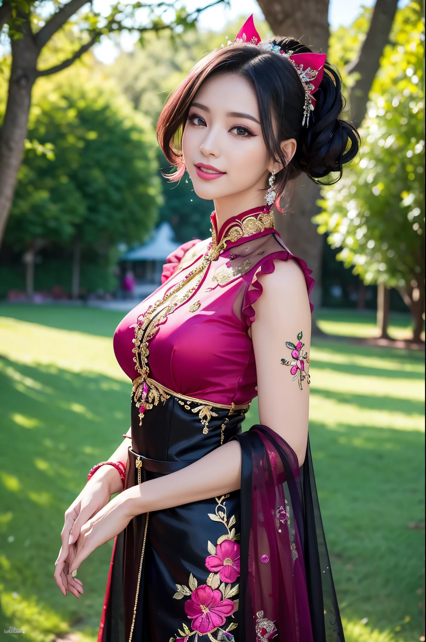 (masterpiece:1.4), (best quality:1.4), ultra high res, ultra high resolution, ((detailed facial features)), HDR, (realistic, photorealistic, photo-realistic:1.37), full body Esbian, sexy Vietnamese model, (-anime), vivid colors, ((vivid colors multicolor (red, fuchsia) very short hair)), (happy smile), lip-gloss, long lashes, ultra detailed metallic makeup, defined eyebrows, wearing large sparkling colorful jewelery, wearing a red silk Paradise Kiss cosplay dress with black floral embroidery, ((vivid colors outfit)), vivid colors, look at the camera, cinematic light, large park background with trees, sweet and sexy pose