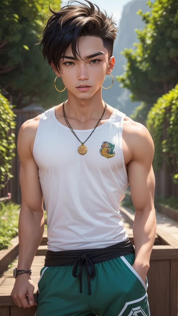 **Full name:** leonardo "Leo" Oca Mountains
**birthdate:** April 15, 2007
**Country:** Mexico
**Appearance:**
- **Height:** 1.85 meters - **Constitution:** Athletic and muscular, but not exaggerated.
- **Skin color:** light tan.
- **hair:** dark brown, short and messy, with a style known as "undercut" with the upper part a little longer and slightly disheveled, which gives it a rough but attractive touch.
- **eyes:** honey color, expressive.
- **facial features:** Well defined jaw, straight nose and thin lips.
- **Drilling:** of the, one in each ear, usually wears small hoop earrings.
- **Dress style:** Casual and sporty, often wears clothing from well-known basketball brands. He likes to wear sleeveless shirts, sports shorts and basketball shoes.
**Extra Data:**
- **Pets:** A Golden Retriever named Max and a canary visiting his garden, the one called Tweety.
- **Fears:** Mainly flies, what causes shame. He is also afraid of heights, although try not to show it.
- **Personality:**
- **Primera Personality (with non-close):** Egocentric, energetic, homophobic, extrovert, flirtatious, vulgar.
- **Segunda Personality (with close):** Beautiful, attentive, painful, shy, ni extrovert ni introvertido, a little bit clumsy, affectionate, Loving, a little crybaby.
- **Representation:**
- **Color:** Orange - **animal:** Zorro
- **song:** "lola" of Jedis, Said, Nolep - **Habits:** He gets into a lot of fights, finds it fun but is careful not to get involved in dangerous situations.
- **Interests:** He likes everything related to basketball and is very intelligent.
- **Values:** Take care of and spend money appropriately even though your financial situation has improved.
- **traditions:** He always wears a necklace with a small gold ring, gift from her boyfriend, what is considered good luck.