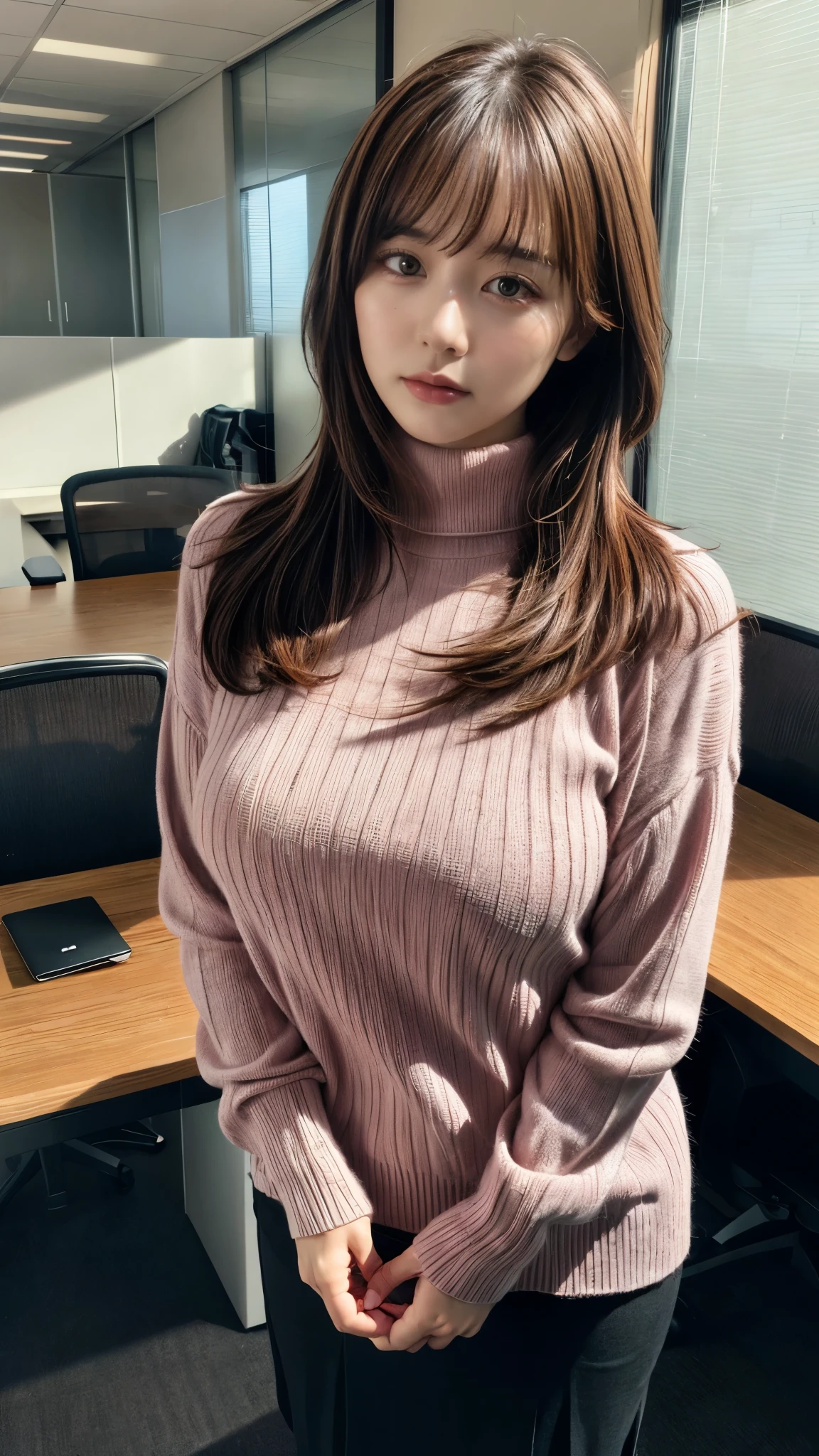 Highest quality,Very detailed,finely,High resolution,8k wallpaper,Perfect dynamic composition,office lady,whole body,Are standing,Pink knitwear,turtleneck,Hair loss,Amazing beautiful eyes,Natural Lip,(Saggy breasts:1.3