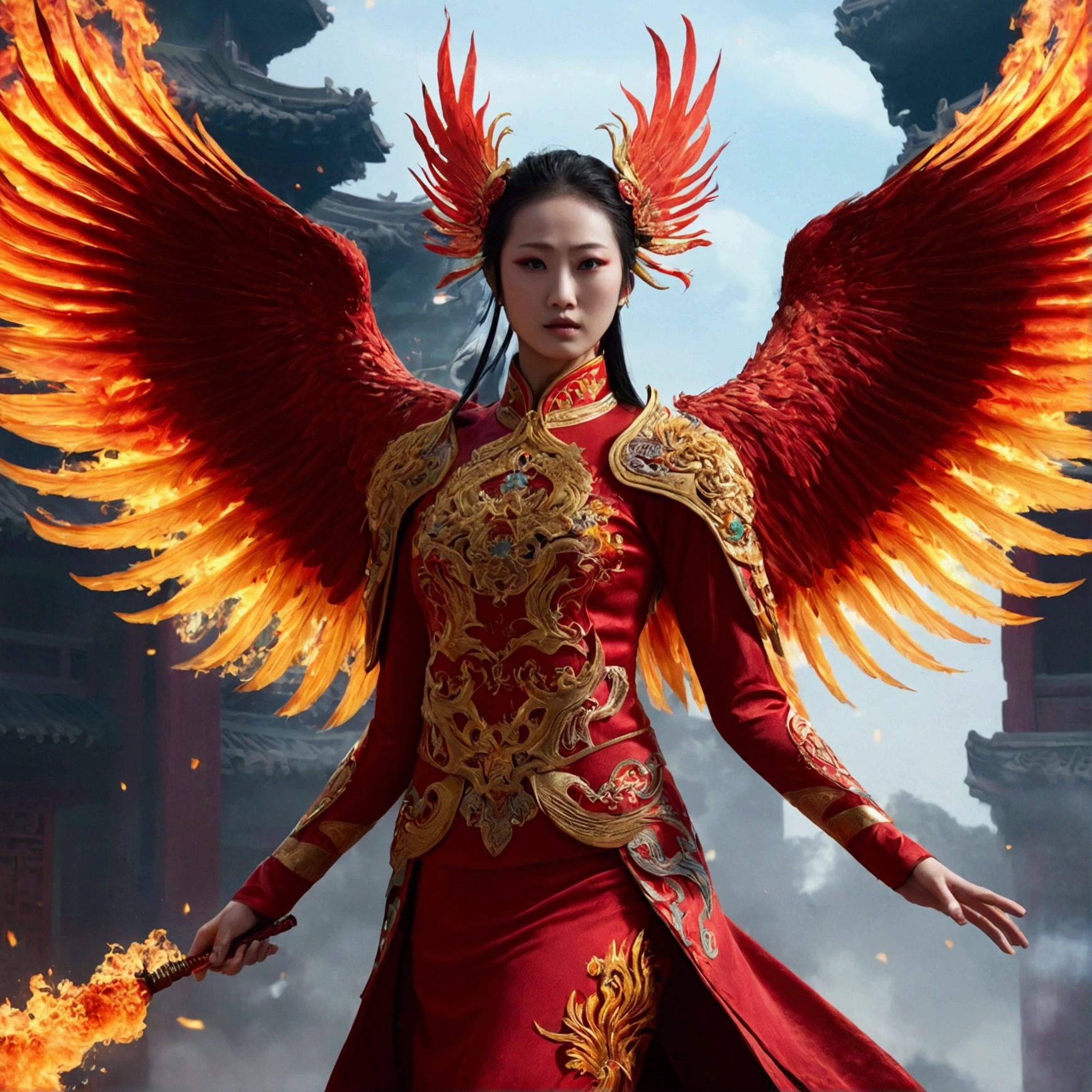 Chinese style，Chinese mythology，Firebird，cough，violent，Huge，Eyes glow red，In flames，Surrounded by cloudedium shot scenes，Like the whole body， Highly detailed surreal VFX，OC Rendering， - AR16:9 --q 2 --s 1000