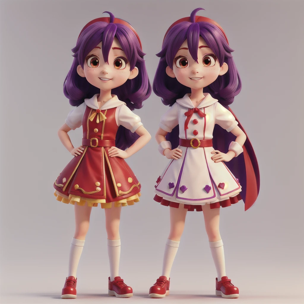 anime - style girl with purple hair with a red cape and white dress, 1style character, same girl with different outfit, hide fingers, anime styled 3d, render of a cute 3d anime girl, cute! c4d, stylized anime, y 4 k cutecore clowncore, clearly image, cute 3 d render, kawaii hq render, anime stylized, 3d anime girl, high res render, blur gradation background, distance, no weld blend character, no shadows