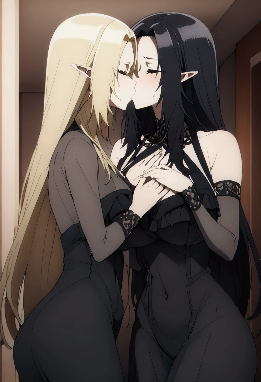 Two Women,Alpha ,Long blonde,gamma,Long Black Hair,((Touching the chest)), ((dress))),Big Breasts,BIG ASS, kiss, (adult), (Elf),pubic hair
((My crotch is wet)),Love Hotel,My crotch is wet,Are standing,(masterpiece:1.2), High resolution, Highest quality, 8k,