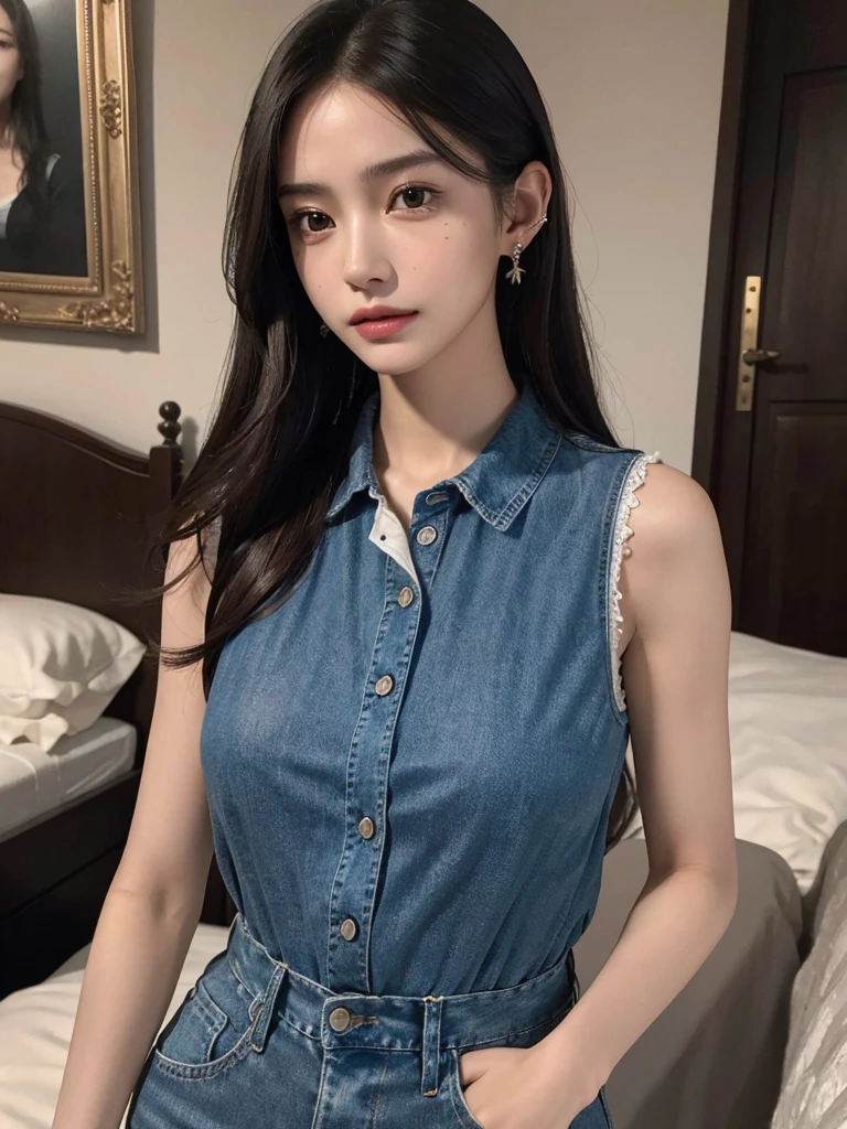 absurdres, RAW photo, extremely delicate and beautiful, masterpiece, Best Quality, ultra high resolution, 32k, hyperrealistic, ultra-detailed, perfect anatomy, anatomically correct, perfect figure, Perfect Style, Perfect balance, super Detailed skin, in her 20s, very Slim body, narrow waist, very small head, very small face, delicate facial features, handsome detailed woman, very detailed eyes and face, realistic face proportions, Realistic beautiful face, Realistic beautiful eyes, tearful mole, earring, huge tits, full body shot, whole legs, medium hair, asymmetrical hair, indoor, denim collared shirt dress, sleeveless,