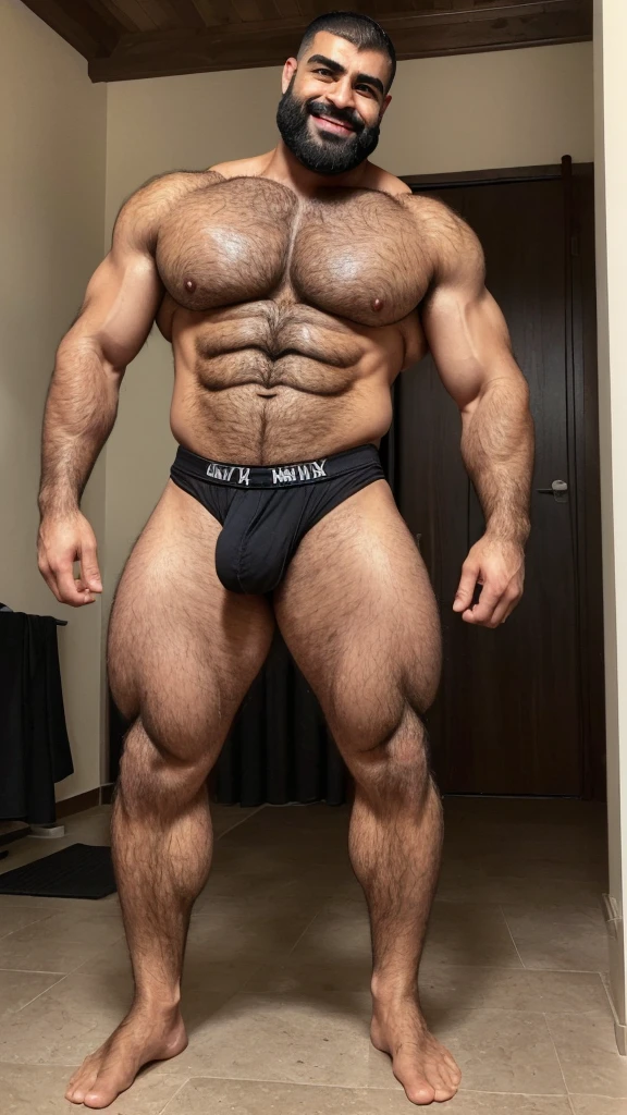 Extremely muscular, very hairy, rugged Arab daddy flexing his arms ((Sweaty)) ((Hairy)) ((Thick, full, curly black body hair all over)) ((Thick, excessive chest hair)) ((Curly, full pubic hair)) ((Thick, full happy trail of hair all over his abs)) ((Late 40s)) ((Extremely handsome)) ((Square jaw)) ((Sweating)) ((Smiling menacingly)) ((wearing black underwear)) ((Huge bulge in underwear)) ((vpl)) ((black briefs)) ((Excessive pubic hair)) ((Short, military haircut)) ((Buzz cut)) ((Homoerotic)) ((Extremely realistic)) ((Seductive glare)) ((Unibrow)) ((unibrow)) ((caveman brow bone)) ((moustache)) ((head to toe)) ((full body)) ((hairier)) ((more hair)) ((ape)) ((more body hair)) ((extreme body hair)) ((fur)) ((dad bod)) ((very tan)) ((tan)) ((middle eastern)) ((Arab)) ((buzz cut)) ((buzzed head)) ((clothed)) ((black briefs))