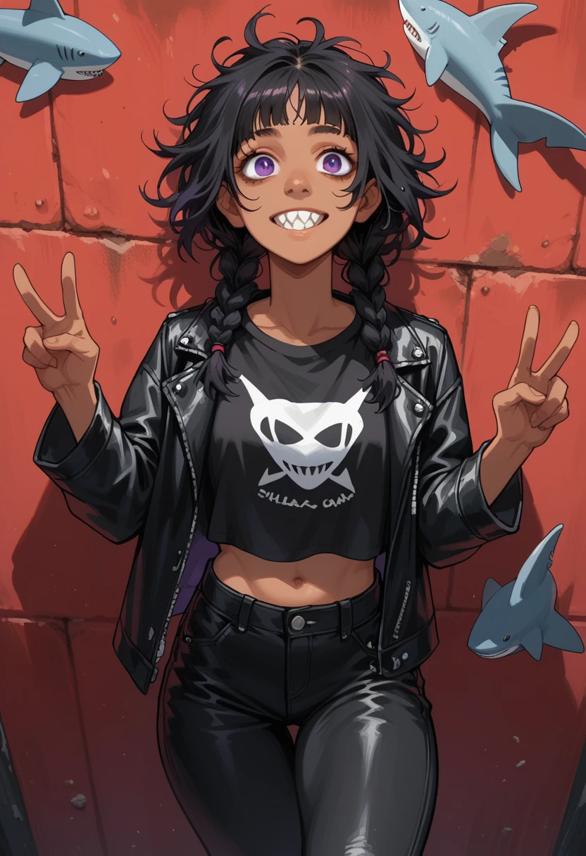 A woman, tanned skin, a hairstyle with two long braids that fall over her shoulders, with straight bangs that cover his forehead, very messy hair, messy hair from above, black hair, happy expression, big, relaxing eyes, purple eyes, small nose, Skinny body, thick thighs, Shark teeth, leather jacket, black t-shirt, worn black pants, black outline, rocker sign, leaning on a wall, metal concert, digital drawing 