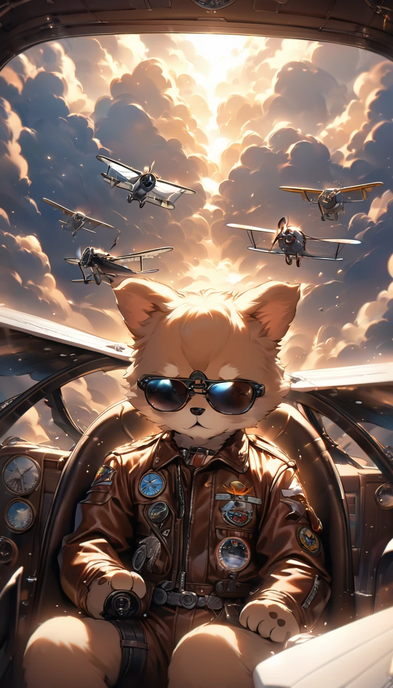 Highest quality, Highest quality, 16K, software, Unbelievably absurd, Very detailed, delicate and dynamic, Natural light, The particles reflect light beautifully, Diffuse reflection of light, Vortex of Light, Aerial, , cumulonimbus, , Create amazing image effects, Body close-up, biplane, (Cute Puppy,,,Serious,, Biplane pilot, Leather jacket,, Sit in the cockpit, Puppy pilots biplane)