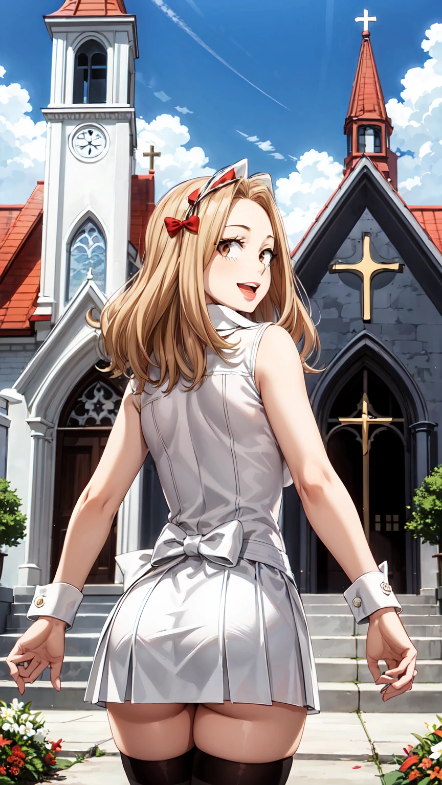 Masterpiece ,best quality , high resolution , (1 girl solo:1.38) , (camie, long hair, brown hair, brown eyes , lipstick , eyeliner , tall . slim , slender) , (cleavage:1.2) , (medium breast:1.28) , (wear wedding veil , white miniskirt , stockings , bow , knot , stockings , panties , strong wind , big wing , skirt lift ) , (cleavage:1.15) , (big breast:1.1) , (face view , looking back , , head back , from behind , back view ) , (tilted head , smiling , open mouth) , (outdoor , church , tree , flower , sky)