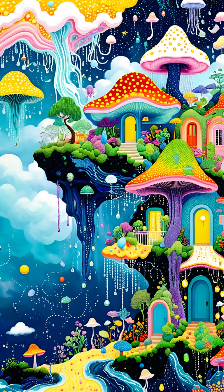 Strong visual fusion of multiple elements,broto,来自star的艺术家,Dopamine color scheme,house、Eye、Bead curtains、pearl、star、cloud、Spore powder、Ocean、rain、Tentacles,Describing the inner world of autistic people,Intensive Pointillism method。Smooth lines。interesting,Strange illustration。Pointillism method。Strong contrast。Award-winning works。