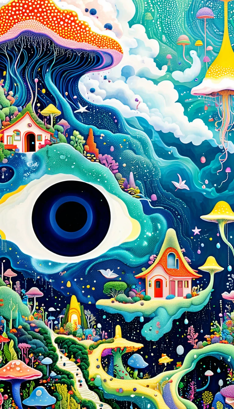 Strong visual fusion of multiple elements，broto，来自star的艺术家，Dopamine color scheme，house、Eye、pearl bead curtain、pearl、star、cloud、fish、Spore powder、Ocean、rain、Tentacles，Describing the inner world of autistic people，Intensive Pointillism method。Smooth lines。interesting，Strange illustration。Pointillism method。Strong contrast。Award-winning works。