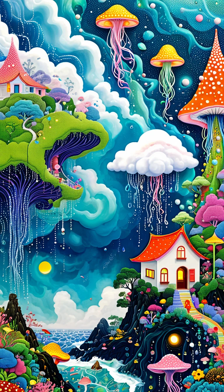 Strong visual fusion of multiple elements，broto，来自star的艺术家，Dopamine color scheme，house、Eye、pearl bead curtain、pearl、star、cloud、fish、Spore powder、Ocean、rain、Tentacles，Describing the inner world of autistic people，Intensive Pointillism method。Smooth lines。interesting，Strange illustration。Pointillism method。Strong contrast。Award-winning works。
