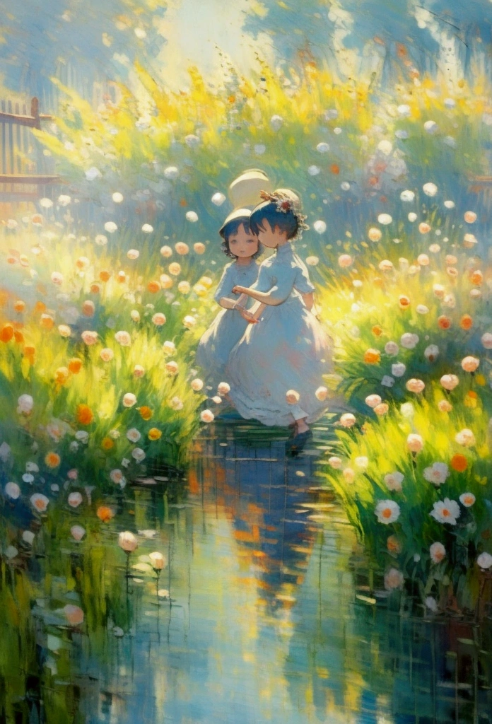 masterpiece, Highest quality,Two Children,Hold hands and run, delicate, Very difficult, detailed,  ((masterpiece)), extremely detailed, Highest quality, High resolution, ((in the garden)), 