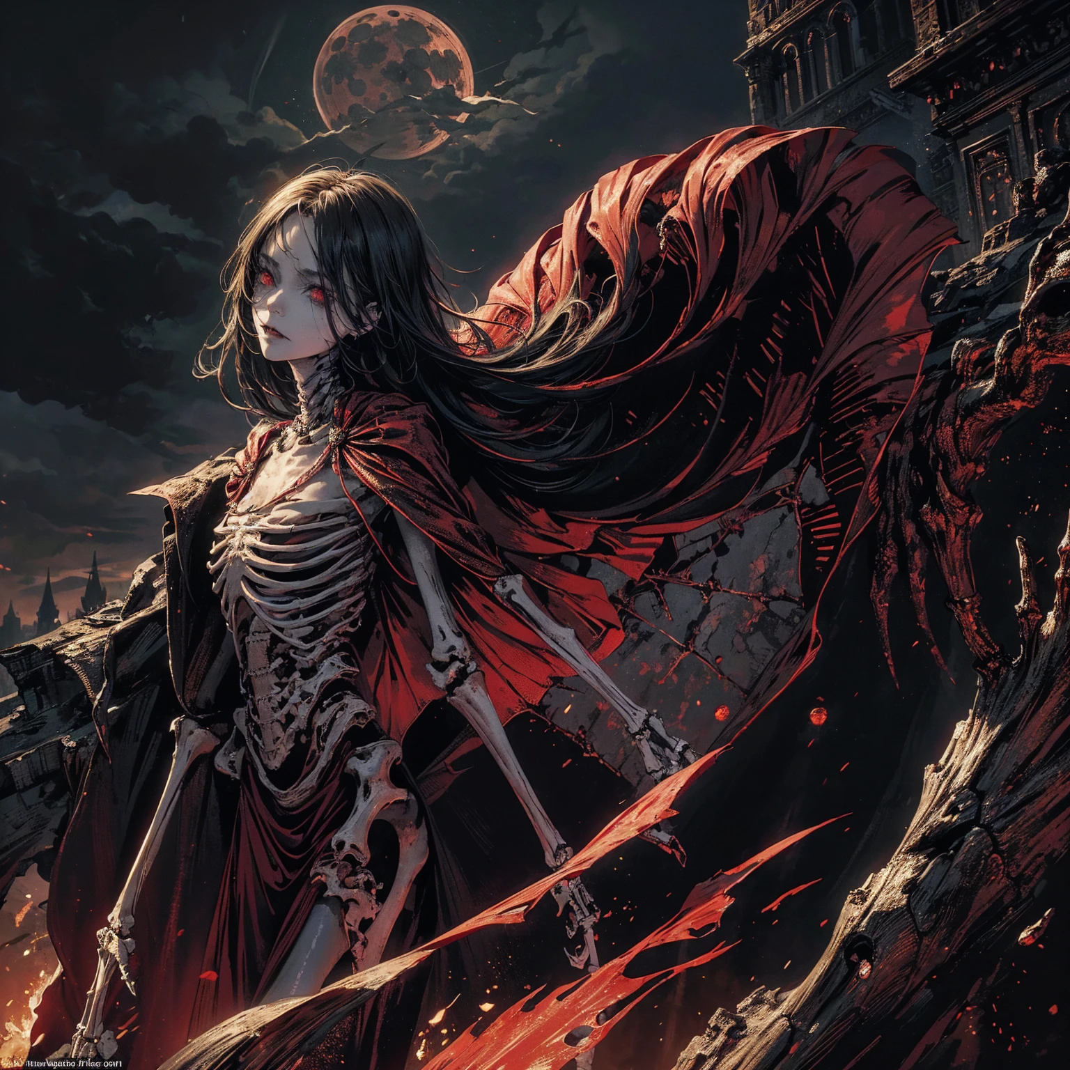 best quality, 4K, high resolution, masterpiece:1.2, Very detailed, actual:1.37, Mood lighting, An undead girl in a long cape, Torso and limb is skeleton bone but head is still beautiful human face, Wearing a ragged gothic skirt, Aloofness emotion, Dangerous sneer, Black Hair, Standing, Facing the camera, Crucified, Pitch black sky, Blood-red moon, strange atmosphere, Gothic style, Unforgettable beauty, Dramatic shadows, Ethereal Light, Mysterious atmosphere.