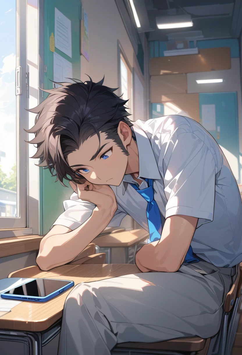 masterpiece, best quality, extremely detailed, ultra detailed, flat anime, 2D, ((1boy)),black hair, (short hair:1.5),blue eyes, height 1.7meters, (circle eyes:1.2), (young adult:1.2), Ear-length sideburns,height 1.7meters, High School Uniforms, white shirt, blue tie, ((short sleeves)), ((long pants)), sitting, closed mouth, thinking, upper body, summer, classroom, 11AM,looking at his smart phone., Operating a smart phone