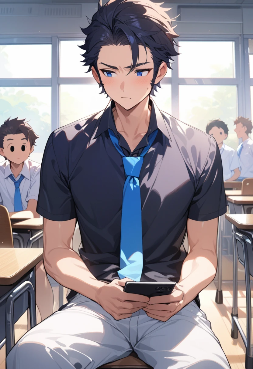 masterpiece, best quality, extremely detailed, ultra detailed, flat anime, 2D, ((1boy)),black hair, (short hair:1.5),blue eyes, height 1.7meters, (circle eyes:1.2), (young adult:1.2), Ear-length sideburns,height 1.7meters, High School Uniforms, white shirt, blue tie, ((short sleeves)), ((long pants)), sitting, closed mouth, thinking, upper body, summer, classroom, 11AM,looking at his smart phone., Operating a smart phone