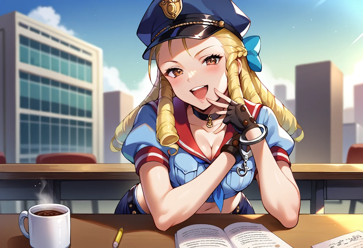 1girl, bangs, sidelocks, choker, policewoman, police uniform, underwear,
white panties, cuffs, police hat, handcuffs, cleavage, blue skirt, navel, midriff, open mouth, looking at viewer, sitting on table, cup, pantyshot, belt, smile, blue shirt, miniskirt, collarbone, coffee mug, blush, crop top, peaked cap, pencil skirt, short sleeves, thighs, book, naughty face, breast pocket, arm support, desk,
Show less, score_9, score_8_up, score_7_up, score_6_up, source_anime, BREAK 1girl, sfkarin, blonde hair, drill hair, hair bow, red sailor collar, short sleeves, red shirt, puffy short sleeves, blue neckkerchief, midriff, red skirt, shorts under skirt, fingerless gloves, upper body, blue sky, city, smug, smile, looking at you, hand to mouth, thighs