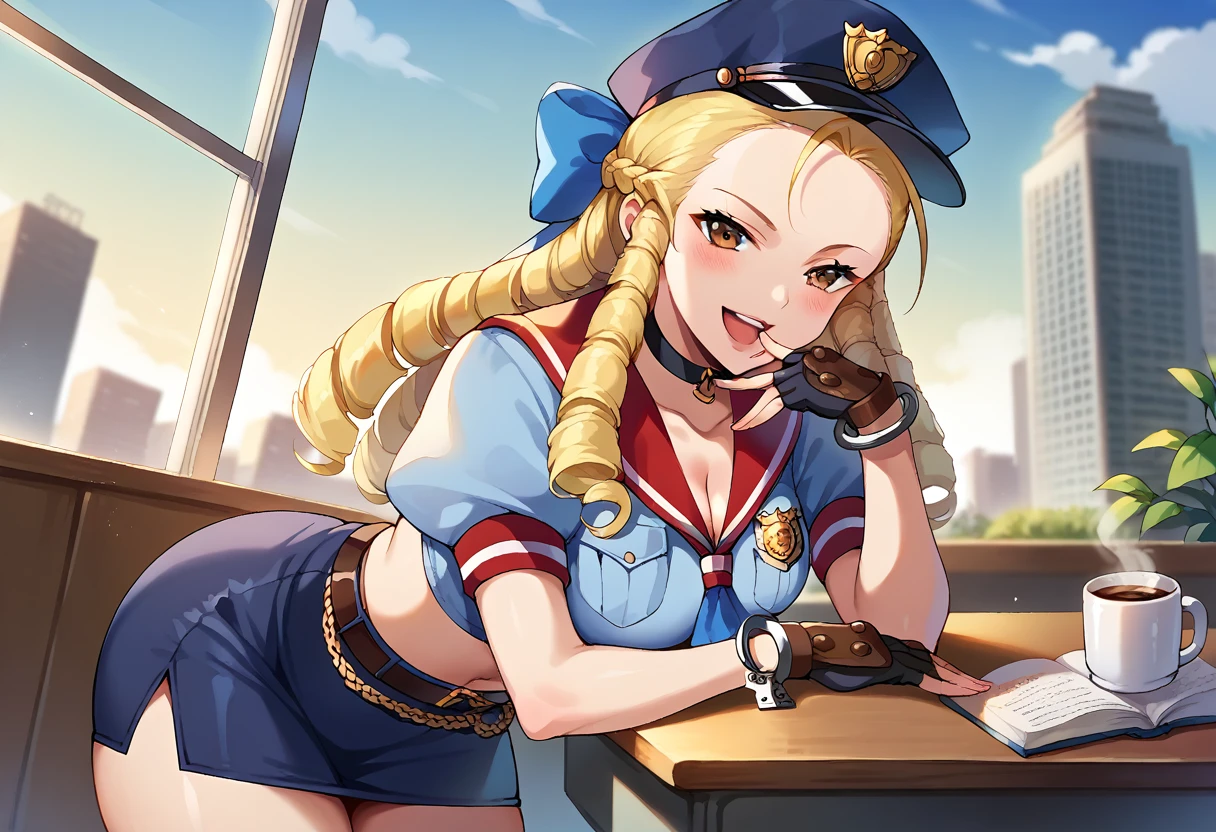 1girl, bangs, sidelocks, choker, policewoman, police uniform, underwear,
white panties, cuffs, police hat, handcuffs, cleavage, blue skirt, navel, midriff, open mouth, looking at viewer, sitting on table, cup, pantyshot, belt, smile, blue shirt, miniskirt, collarbone, coffee mug, blush, crop top, peaked cap, pencil skirt, short sleeves, thighs, book, naughty face, breast pocket, arm support, desk,
Show less, score_9, score_8_up, score_7_up, score_6_up, source_anime, BREAK 1girl, sfkarin, blonde hair, drill hair, hair bow, red sailor collar, short sleeves, red shirt, puffy short sleeves, blue neckkerchief, midriff, red skirt, shorts under skirt, fingerless gloves, upper body, blue sky, city, smug, smile, looking at you, hand to mouth, thighs