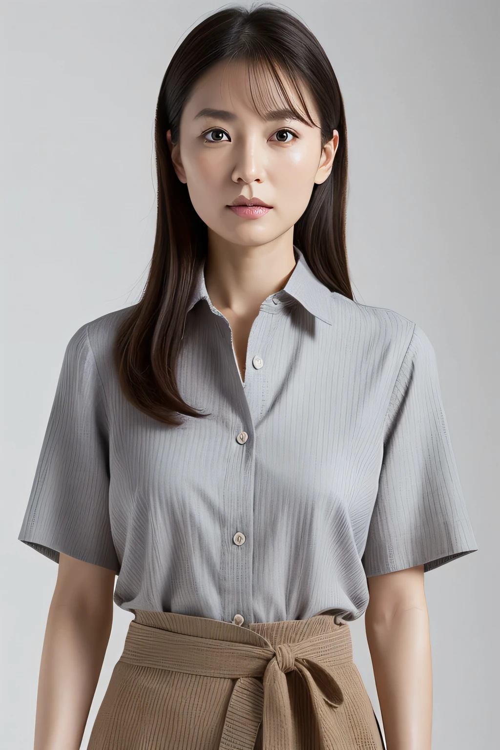 High resolution、high resolution、High definition、masterpiece、Textured skin、Anatomically very accurate、sharp、
Gray background,
((Japanese middle-aged、90 years old))、solo、((Facial wrinkles))、Shapely large breasts、Straight light brown hair reaching to the shoulders、Chubby body type,
(((Stand upright facing the center of the screen)))、Mouth closed, serious face, looking straight ahead、
White summer blouse with buttoned collar、Light blue summer skirt、((Cowboy Shot))、