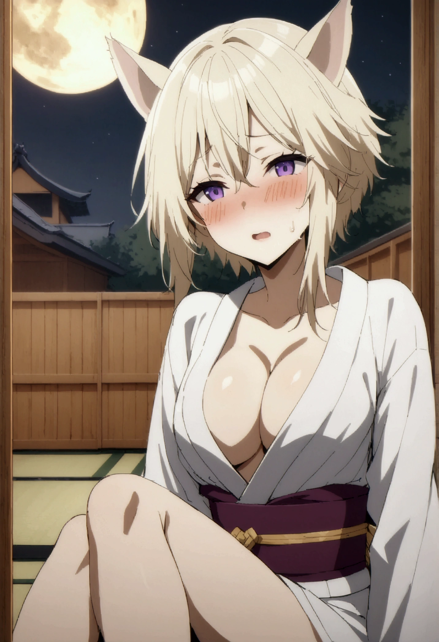 NSFW,masterpiece,Highest quality,High resolution,Very detailed,Zeta\(I want to be a secret power!\),Zeta,Animal ears、Purple Eyes、Blonde,short hair,High-quality yukata,Cleavage,blush,Drunk,Luxurious Japanese-style room,inn,tatami,Shoji screen,moon