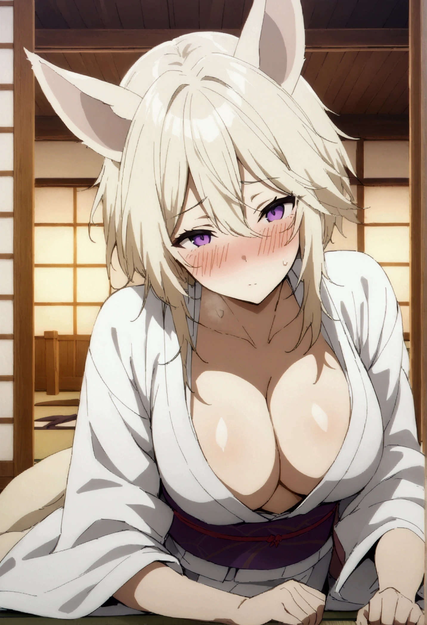 NSFW,masterpiece,Highest quality,High resolution,Very detailed,Zeta\(I want to be a secret power!\),Zeta,Animal ears、Purple Eyes、Blonde,short hair,High-quality yukata,Cleavage,blush,Drunk,Luxurious Japanese-style room,inn,tatami,Shoji screen,moon