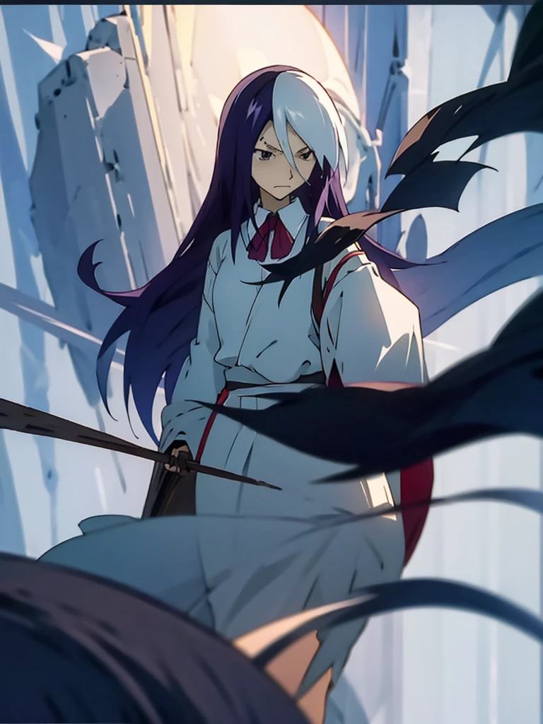 The image features an anime character with long black hair highlighted in blue. The characters have serious and calm expressions. They had large, clear black eyes and dark circles under them. They wore white robes over black high-collared shirts. The background of the picture is black.