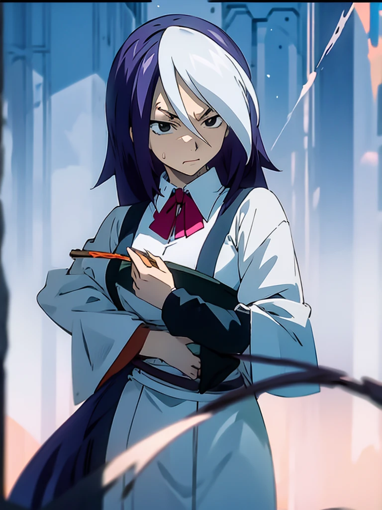 The image features an anime character with long black hair highlighted in blue. The characters have serious and calm expressions. They had large, clear black eyes and dark circles under them. They wore white robes over black high-collared shirts. The background of the picture is black.