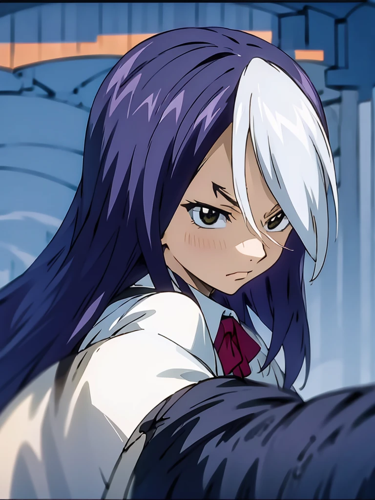 The image features an anime character with long black hair highlighted in blue. The characters have serious and calm expressions. They had large, clear black eyes and dark circles under them. They wore white robes over black high-collared shirts. The background of the picture is black.