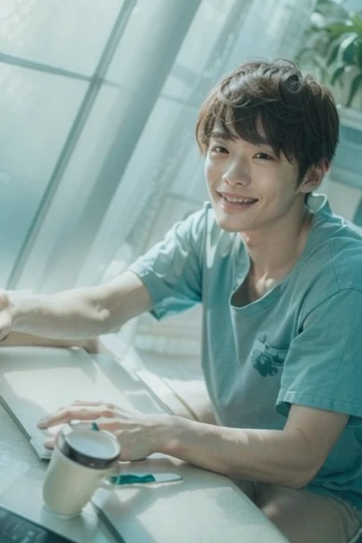 ((Japanese man))、Age 27、cool、Natural smile、whole body、Stylish cafe、Stylish clothing、No beard、Slender、175cm、65kg、High resolution, Anatomically correct, Highest quality, Very detailed, Textured skin, bangs、Two Block、double eyelid、Natural angles、third party、Commemorative photo