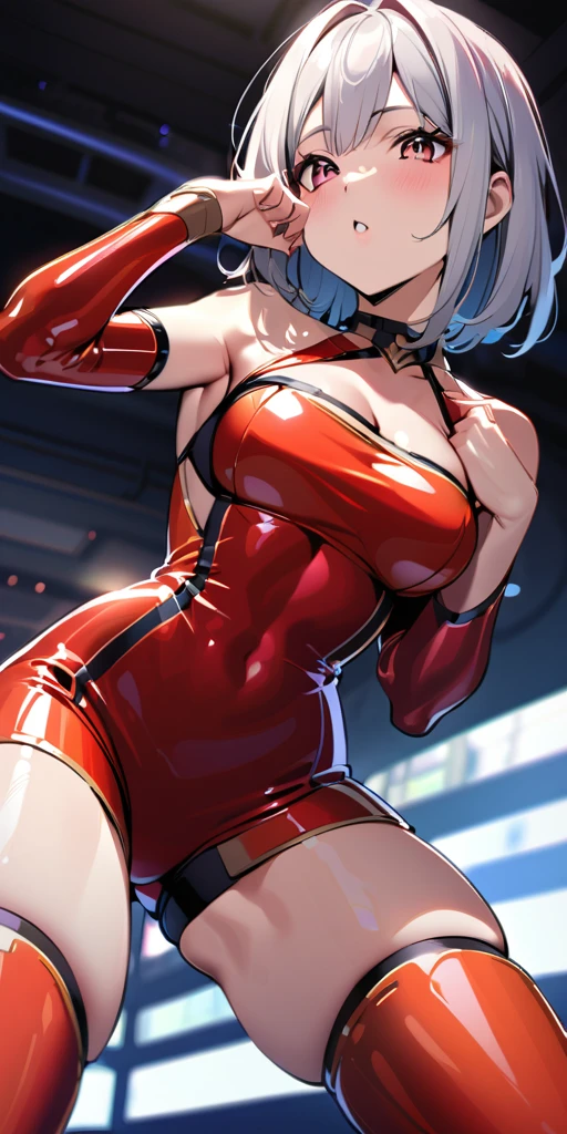 ((Masterpiece, top quality, high resolution)), ((highly detailed CG unified 8K wallpaper)), (huge stunning goddess shot, very hot and sexy, jaw-dropping beauty, perfect proportions, beautiful body, slim body beauty:1.1), 1 woman, anime girl, cutie honey, ((Red hair, short hair repelled to the outside, big eyes, Detailed face and eyes, staring at camera:1.3)), ((Blue and red tight suits, Detailed latex suit, glossy, blue tops, Red from belly to legs, Detailed, midrift top, cleavage cutout, cleavage, skin tight, halter neck, sleeveless, bare shoulders, bare back, covered navel, choker with heart symbol, yellow gloves, elbow gloves, yellow boots, long boots, armlet:1.5)), the cloth is exploding, hands on hips, feet spread apart, smile, Dynamic poses, exploding backgrounds,