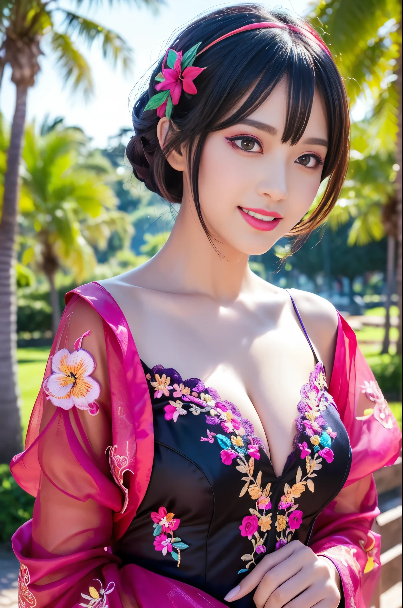 (masterpiece:1.4), (best quality:1.4), ultra high res, ultra high resolution, ((detailed facial features)), HDR, (realistic, photorealistic, photo-realistic:1.37), full body Esbian, sexy Japanese model, (-anime), only 1 model, vivid colors, ((vivid colors multicolor (fuchsia, pink, light blue, purple) very short hair)), (happy smile), lip-gloss, long lashes, ultra detailed makeup, defined eyebrows, wearing a red silk Paradise Kiss cosplay dress with black floral embroidery, ((vivid colors outfit)), vivid colors, look at the camera, cinematic light, large park background with trees, sweet and sexy pose