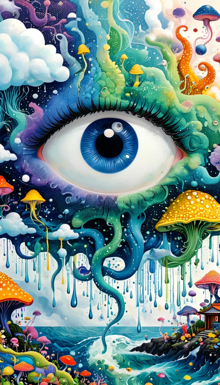 Strong visual fusion of multiple elements，broto，来自star的艺术家，Dopamine color scheme，house、Eye、pearl bead curtain、pearl、star、cloud、fish、Spore powder、Ocean、rain、Tentacles，Describing the inner world of autistic people，Intensive Pointillism method。Smooth lines。interesting，Strange illustration。Pointillism method。Strong contrast。Award-winning works。