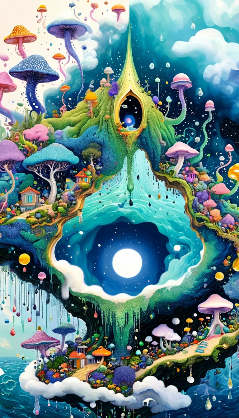 Strong visual fusion of multiple elements，Broto，来自Star的艺术家，Dopamine color scheme，house、Eye、pearl珠帘、pearl、Star、cloud、Spore powder、Ocean、rain、Tentacles，Describing the inner world of autistic people，密集Pointillism method。Smooth lines。interesting，Strange illustration。Pointillism method。Strong contrast。Award-winning works。