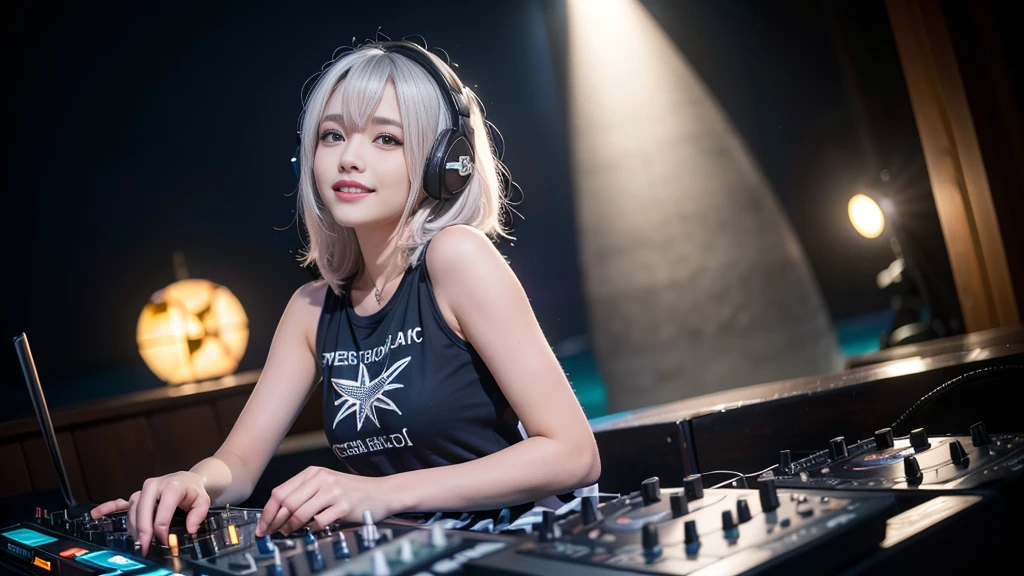 (ultra - detailed, 16K resolution, Cinema lenses, rendering by octane), (high resolution:1.18), intricate detail, (masterpiece:1.1), (highest quality:1.1), (1girl, portrait, white hair, blue eyes, short hair, detailed eyes),Wearing silver DJ headphones, sequined T-shirt, (in the beach:1.5), (Iconic hip-hop pop costumes:1.3), Smile while DJing on stage, DJ studio next to the beach, ((A stylish DJ stage on a hill overlooking the beach)), full body shot, Photorealistic photography by Sunshine, (cute round face:1.3), perfect fingers, five fingers, beautiful hands, perfect hands. master peace, cute smile, Fixhand.