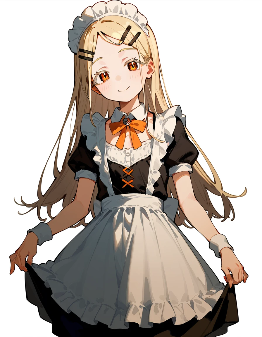Highest quality, masterpiece, No correction, Beark 1 dhibi girl,shinosawa hiro,thin,Orange eyes,White eyelashes,Blonde,Long Hair,Hair Clip,cros hair clip,flat chest,white background,maid uniform,mini skkirt,lift skirt,smile,