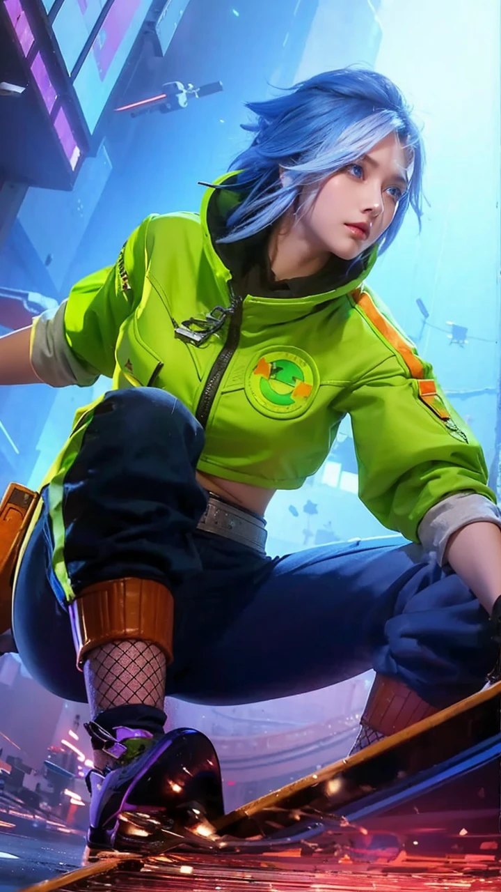 masterpiece, high resolution, best quality, Very detailed, blue eyes, beautiful woman, purpl, cyberpunk city,long hair