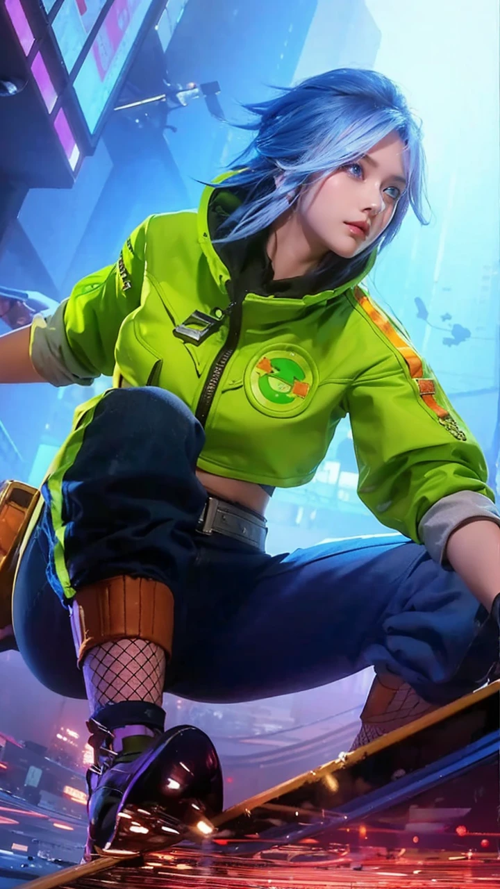 masterpiece, high resolution, best quality, Very detailed, blue eyes, beautiful woman, purpl, cyberpunk city，long hair