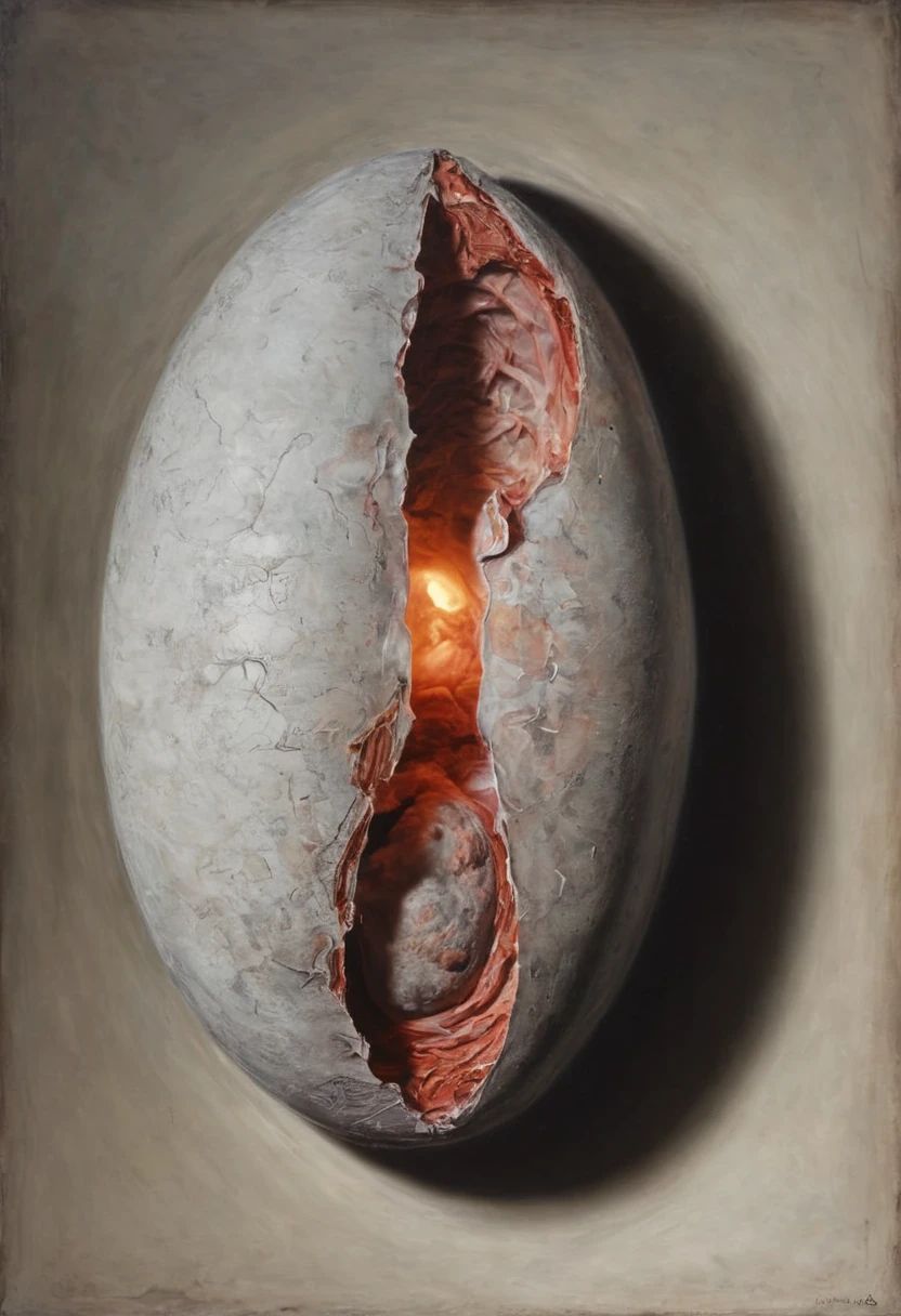 painting of a human embryo. mysterious atmosphere. cinematic scene, volumetric lights, ultra realistic, in the style of nicola samori