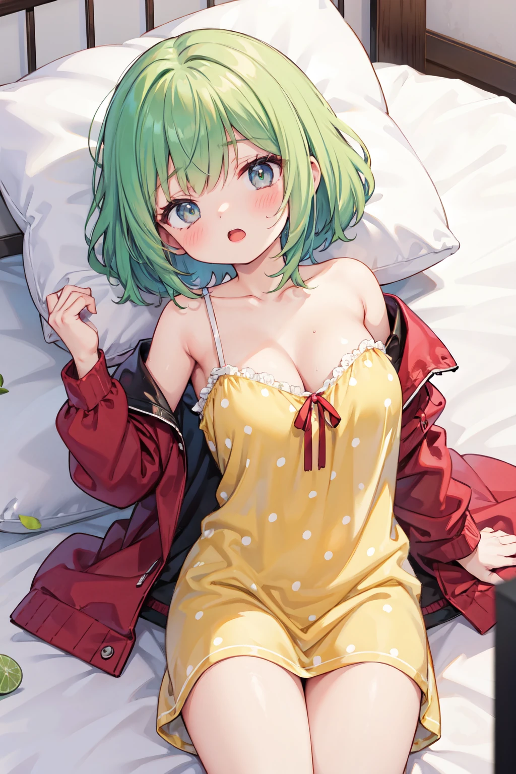 1girl, solo, indoors, on bed, lying, sleeping face, pillow, cloled eyes, half-open mouth, blush, breasts, large breasts, cleavage, yellow pajamas, Polka-dot patterned nightgown, medium hair, lime green hair, dark skin,