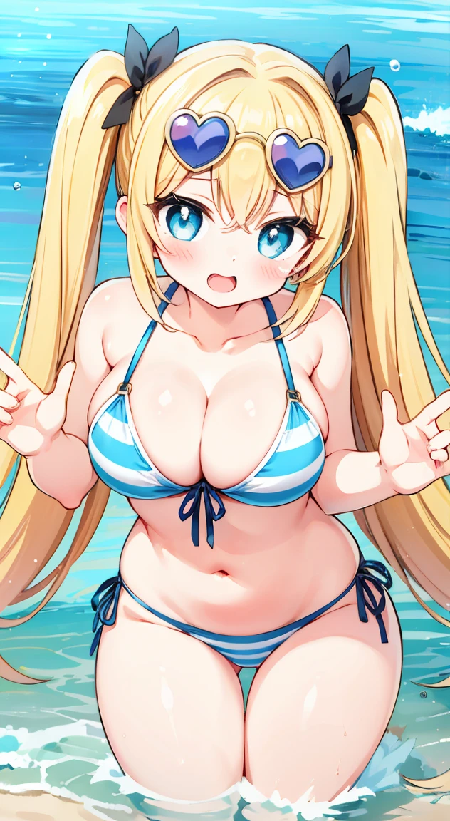 Side tie panties,,masterpiece, Highest quality, (anime screencap:1.3),(shape), cute,(Simple:1), (anime:1.2),Solo Sharp Focus, 1 girl, Hilarious,Cleavage,enjoy,(splash1.1),Beach,Japan,(Browsing Caution:1.2),Colorful Bikinis,Pastel Bikini,Beautiful Hair,gold hair,Horizontal stripes,heart shaped pupils,Checkered Bikini, Check Pattern,open hands for viewer,(Water Play,splash,Water Drop.1.1),cute eyes,Puffy eyes,Seductive pose,Shining Face,Large Breasts,Twin tail hair,heart shaped sunglasses on head,Hilarious,sunberm,in the sea,perfect horizon,