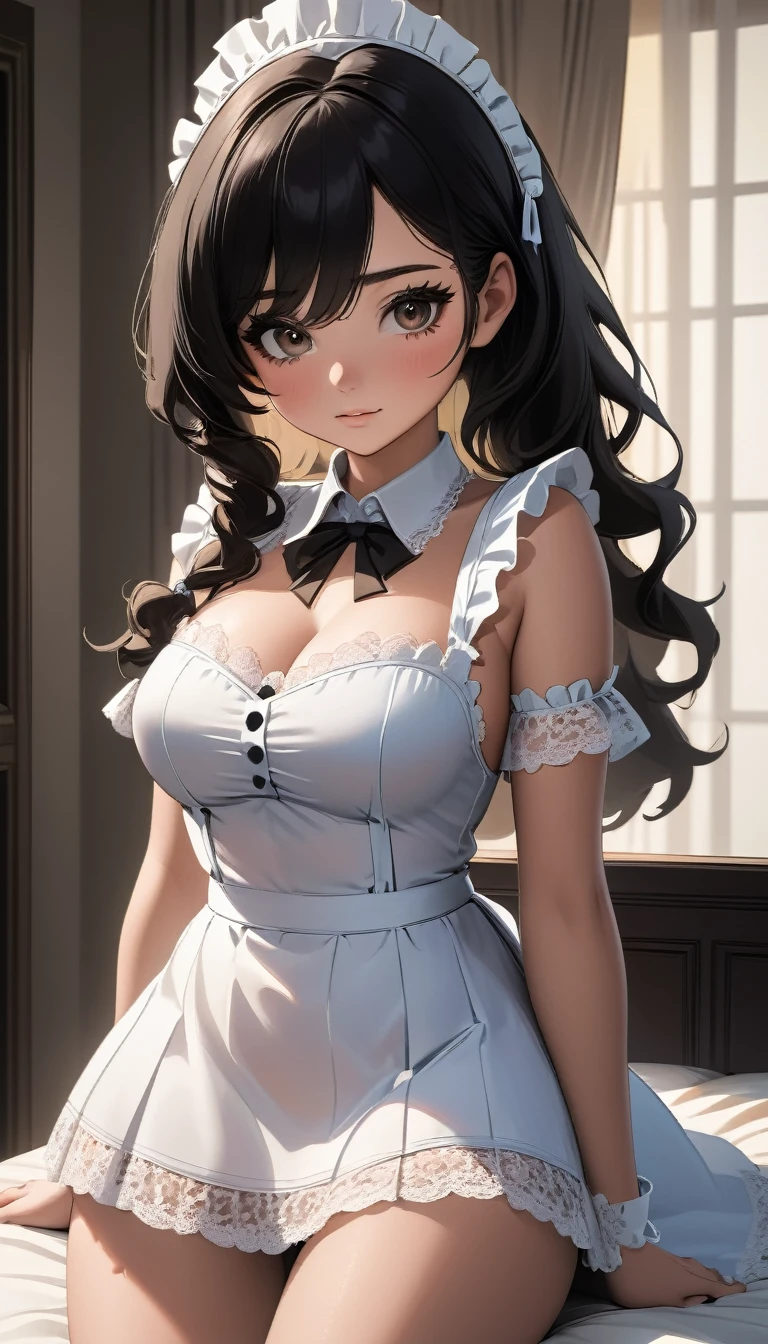 masterpiece, top-quality, the Extremely Detailed CG Unity 8K Wallpapers, Ultra-realistic 8kCG, perfect artwork, The perfect female figure, Dramatic shadows, (Perfect ligthing, Detailed light, (((1girl))), ((black hair, long wavy hair)), Model body type, large full breasts, huge breasts, ((cute face)), black eyes, (looking at viewer), (beautiful eyelashes), horny face, blushing, embarrased, Beautiful face, (beautiful chest line:1.2), (cleavage), beautiful a girl, Exquisite facial features depicting the perfect face, blushing, Naturally beautiful, sexy, erotic, curvy body, Light and beautiful thigh, (maid, maid uniform), white lace bra, garter belts, stockings, bedroom, detailed, realistic light and shadow, 8K resolution, (glistning skin:0.9), perfect hand, full body camera shot, full body