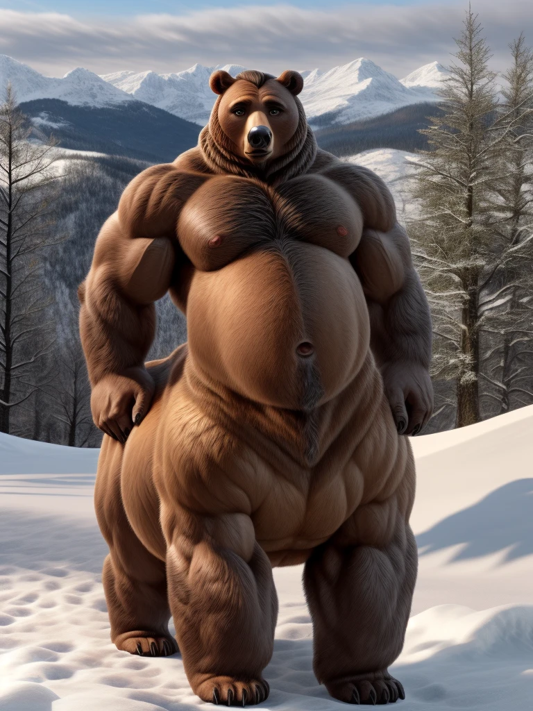 furry, fur taur, beartaur, middle-age, solo, detailed face, bear ears, bear eyes(brown), bear nose(black), bear mouth, garibaldi beard(grey), hair(grey), detailed arms, thick arms, muscular, thick hands(5 fingers), detailed body belly, thick body, muscle belly(white), thick chest, chest hair(grey), detailed taur body, thick taur body, thick bear paws, thick bear tail, full body shot, snow, standing on the mountain top