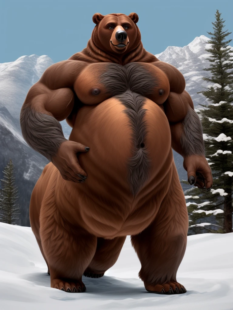 furry, fur taur, beartaur, middle-age, solo, detailed face, bear ears, bear eyes(brown), bear nose(black), bear mouth, garibaldi beard(grey), mature hair(grey), detailed arms, thick arms, muscular, thick hands(5 fingers), detailed body belly, thick body, muscle belly(white), thick chest, chest hair(grey), detailed taur body, thick taur body, thick bear paws, thick bear tail, full body shot, snow, standing on the mountain top