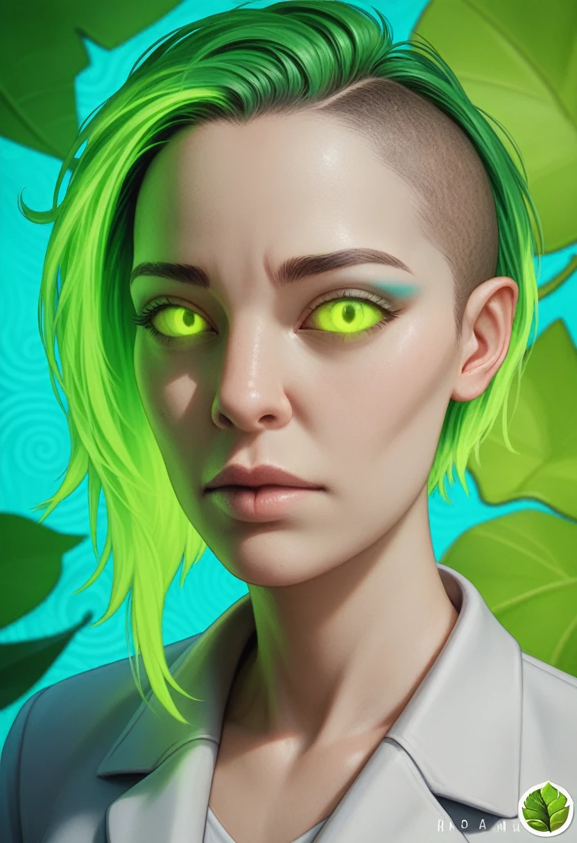 (alien logo), leaf hemp background, 3D Blender render, vibrant green color tones, high contrast, cool tone, futuristic atmosphere, intricate details, sci-fi elements, organic textures, glowing highlights, ultra-detailed, HD, photorealistic, professional branding.